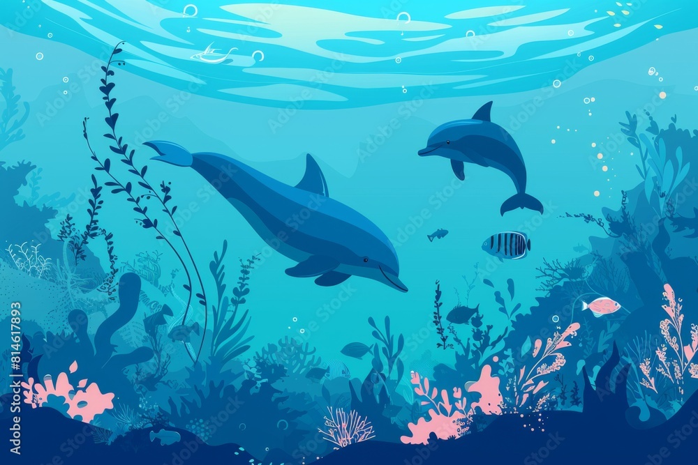 Fototapeta premium イルカ、魚、海藻の水中背景