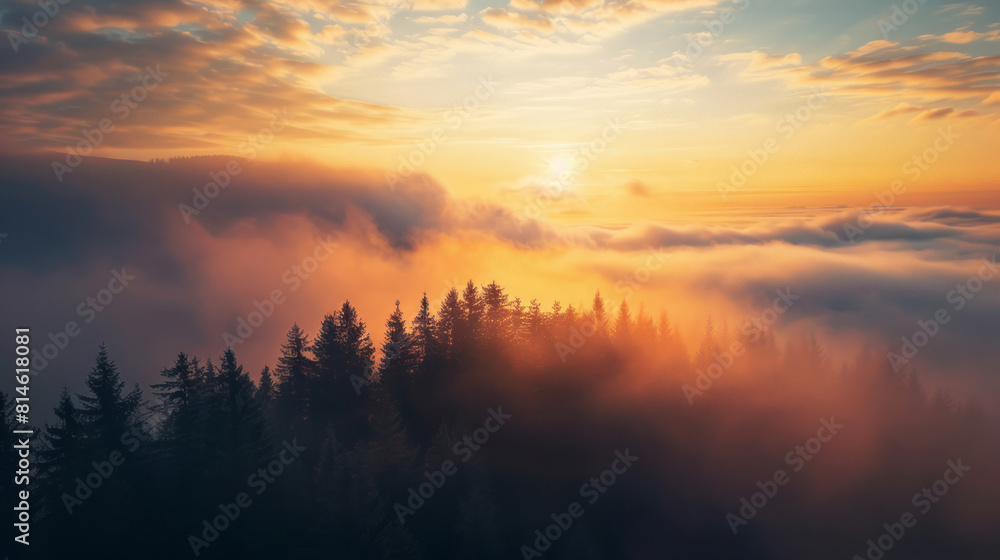 Sunrise above misty forest with glowing orange clouds