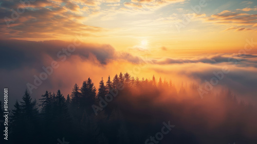 Sunrise above misty forest with glowing orange clouds