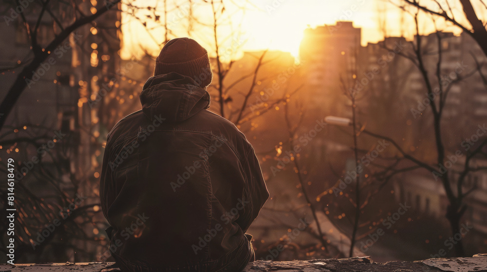 Man in jacket watching sunset in urban setting Man in jacket watching sunset in urban setting