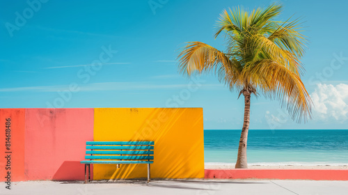 Turquoise bench by the ocean  against the background of a colorful pastel wall in an exotic paradise with palm trees. Conceptual photography. Summer vacation colorful tropical  bright colors