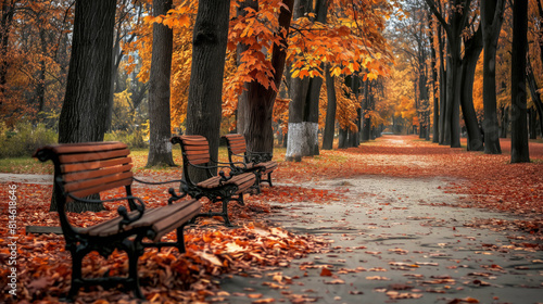 Scenic view of a peaceful park adorned with benches amidst vibrant autumn leaves