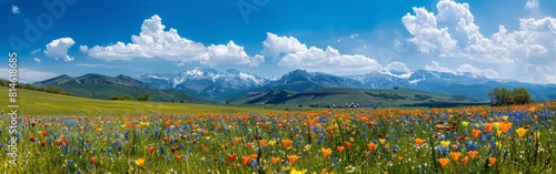 A field filled with colorful flowers stretching towards majestic mountains in the distance. The vibrant blooms contrast beautifully against the rugged peaks.
