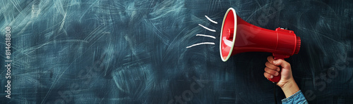  hand holds an ancient red bullhorn