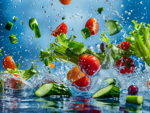 A water splash of vegetables including tomatoes  cucumbers  and lettuce