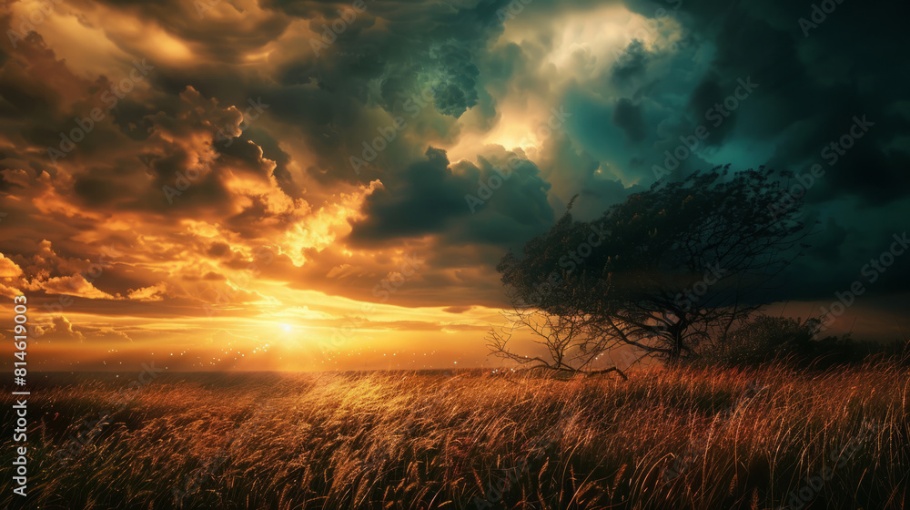 Fototapeta premium Dramatic sunset over a field with a lone tree and stormy clouds
