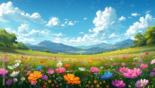 A beautiful cartoon vector illustration of the countryside landscape with green grass  blue sky and white clouds  colorful flowers in meadow  rolling hills