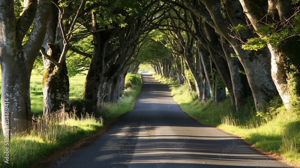 Obraz premium Picturesque, tranquil country road winds through an arching tunnel of lush green trees on a sunny day