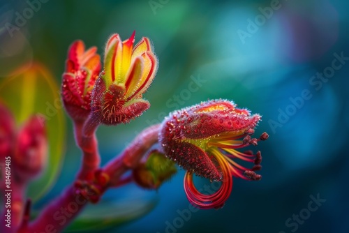 A close-up view of a Kangaroo Paw flower  showcasing its intricate details  with a blurred background creating depth and focus on the flowers unique structure. The vibrant colors and patterns of the f