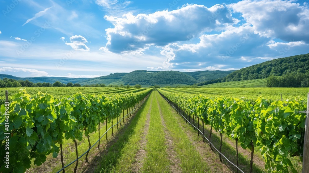 Naklejka premium Lush green vineyard with rows of grapevines stretching towards rolling hills under a vibrant blue sky with clouds