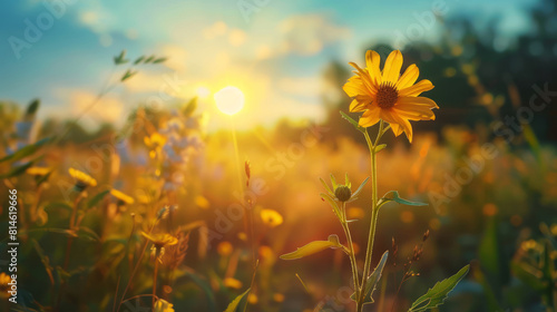 Sunlit wildflower in a vibrant sunset meadow