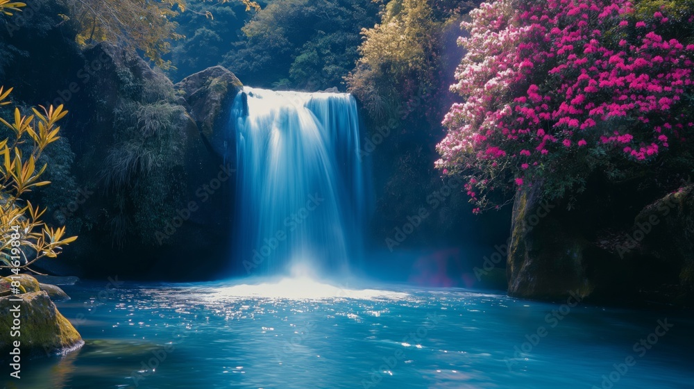 Tranquil waterfall amidst lush foliage and vibrant pink flowers under a soft, sunlit sky