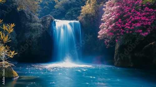 Tranquil waterfall amidst lush foliage and vibrant pink flowers under a soft  sunlit sky