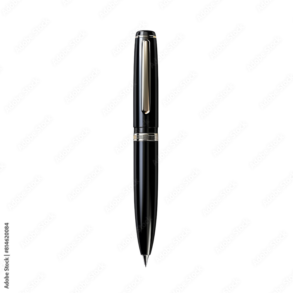 A pen with Black metal body, Grip part and end of the body are silver color place on the transparent background. A pen with Black metal body, Grip part and end of the body are silver color place on the transparent background.