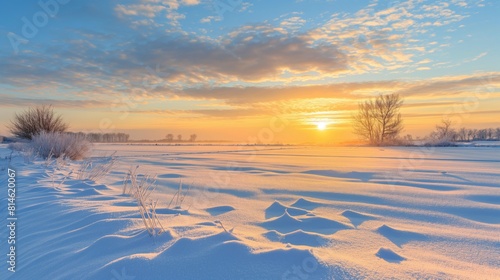 Tranquil winter sunrise casts a warm glow over a pristine snow-covered field and distant trees