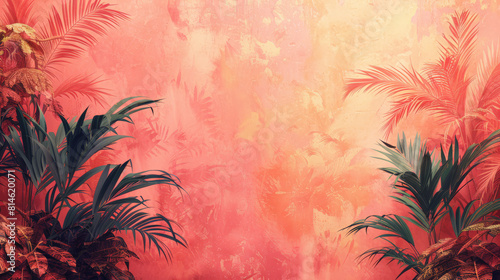 Tropical palm trees with a vibrant pink and orange sunset