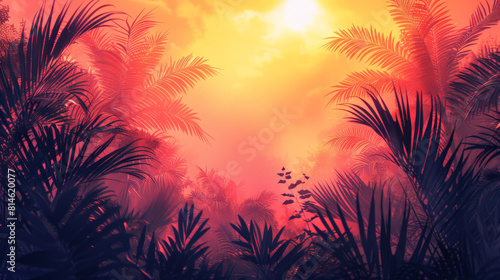 Tropical sunset landscape with vivid orange sky and palm leaves