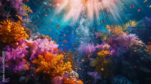 A scuba diver explores a vibrant coral reef teeming with colorful marine life underwater © Yusif