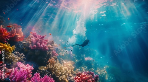 A scuba diver explores a vibrant coral reef teeming with colorful marine life underwater