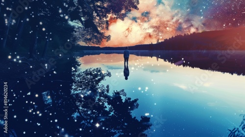Dreamy Double Exposure Photography  Star Gazing Reflection on Still Lake.