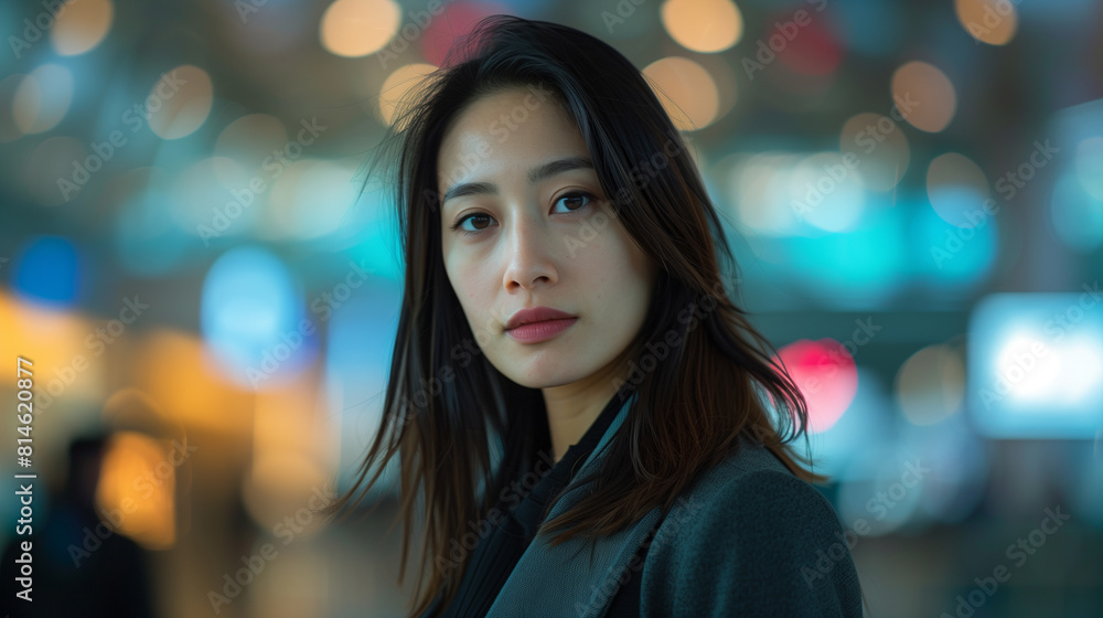Travel excitement and cultural beauty shine through in this close-up of a young Asian woman at an airport. Travel excitement and cultural beauty shine through in this close-up of a young Asian woman at an airport.