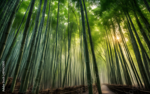 Misty dawn in the bamboo forests of Arashiyama  Kyoto  tranquil  green serenity