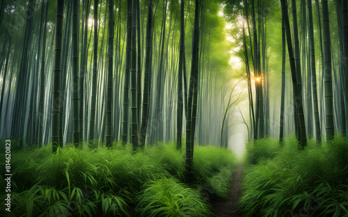 Misty dawn in the bamboo forests of Arashiyama  Kyoto  tranquil  green serenity