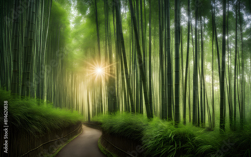 Misty dawn in the bamboo forests of Arashiyama  Kyoto  tranquil  green serenity