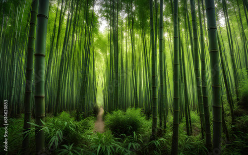 Misty dawn in the bamboo forests of Arashiyama  Kyoto  tranquil  green serenity