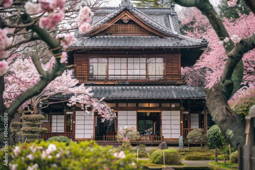 A traditional Japanese house stands amidst a lush green landscape filled with a variety of trees. The house is in the background  with multiple trees in the foreground.