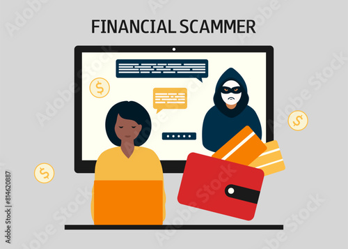 Black woman and cyber scammer. Cheating and theft on the Internet.  Steal money from credit card. Financial security concept. 
