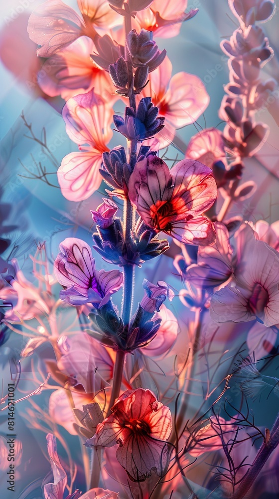 abstract floral still life with purple and red flowers and double exposure abstract floral still life with purple and red flowers and double exposure