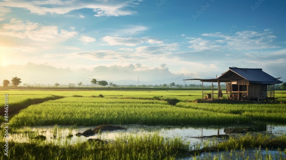 Rice field morning with a hut Rice field morning with a hut
