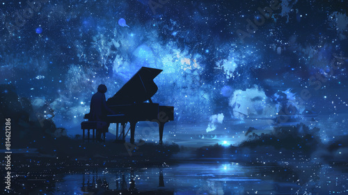 A man is playing a piano in a beautiful, starry night sky photo