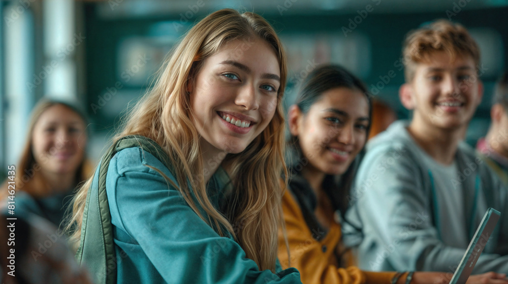 Smiling student sitting in class. Education at school or university. Girl student in the audience. Process of learning and education. Teenager in class Smiling student sitting in class. Education at school or university. Girl student in the audience. Process of learning and education. Teenager in class