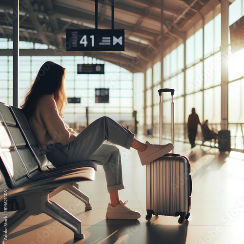 ragazza in aeroporto seduta in attesa con valigia e luce del sole al tramonto che entra dalle finestre. fotografia nostalgica in controluce suggestiva raffinata photo