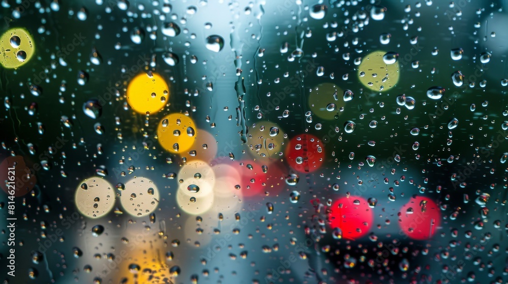 Rain drops are seen on a window, with blurred traffic lights in the background. The drops create a pattern on the glass as vehicles pass by, creating a contrast between the wet window and the urban su Rain drops are seen on a window, with blurred traffic lights in the background. The drops create a pattern on the glass as vehicles pass by, creating a contrast between the wet window and the urban su