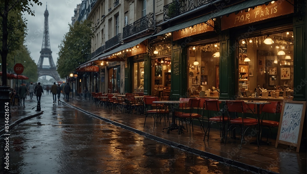 Fototapeta premium a street cafe in paris, Eiffel Tower, beautiful, raining