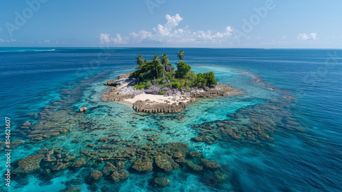 Tropical paradise island from a drone, with clear blue waters