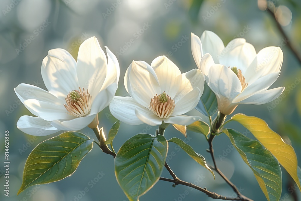 Fototapeta premium Magnolia Tree in Bloom: Large white flowers against glossy green leaves. 