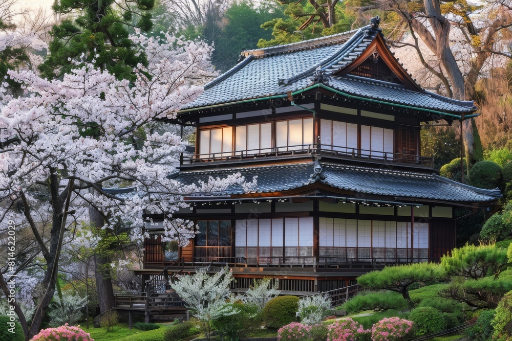 Obraz premium A traditional Japanese national house stands tall, with a plethora of green trees in front of it. The lush foliage provides a serene backdrop to the architectural beauty of the building.