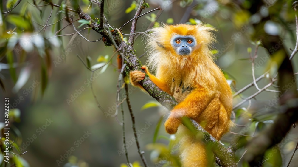 A yellow monkey is perched on a tree branch, looking curiously around its surroundings. The monkeys vivid color contrasts with the green leaves in the background. A yellow monkey is perched on a tree branch, looking curiously around its surroundings. The monkeys vivid color contrasts with the green leaves in the background.