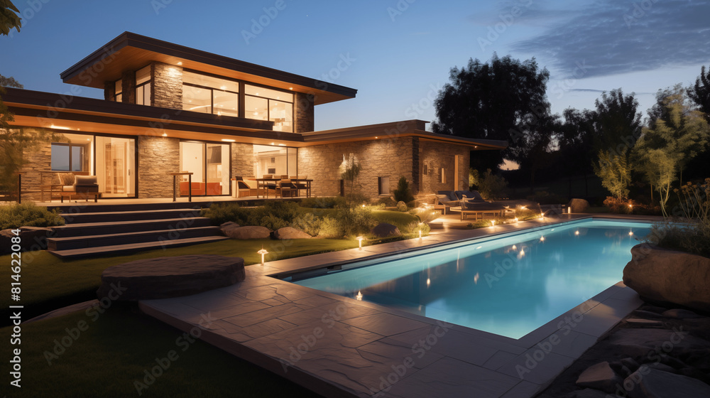 Fototapeta premium Maison d'architecture moderne, villa de luxe avec piscine extérieure. Arrière-plan pour conception et création graphique.