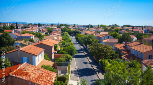 Sunny day view of a peaceful suburban neighborhood in France