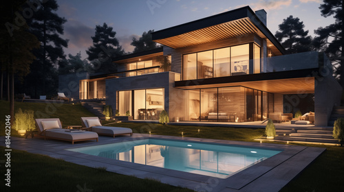 Maison d'architecture moderne, villa de luxe avec piscine extérieure. Arrière-plan pour conception et création graphique. © FlyStun