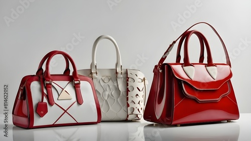 Isolated on a translucent white background, a set of stylish women's handbags featuring red and white leather, many shapes and tints, and luxury, magnificent handbags for females photo