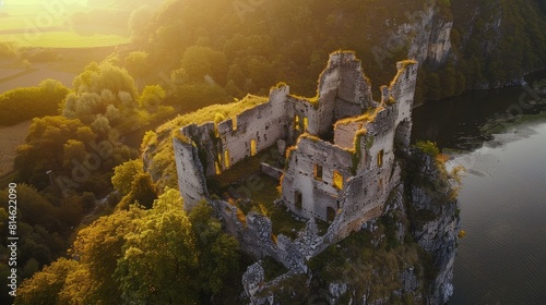 Aerial view of a majestic medieval castle ruins on a clifftop at sunrise with a scenic countryside backdrop