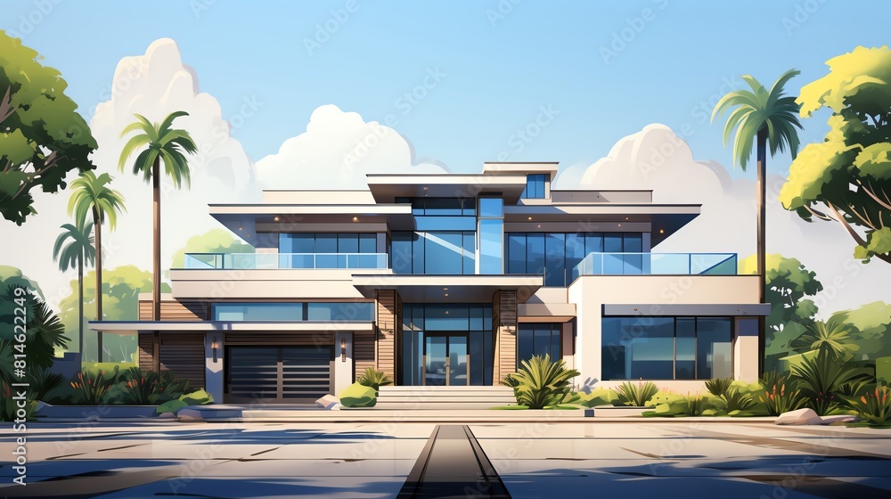 Contemporary home flat design front view modern living