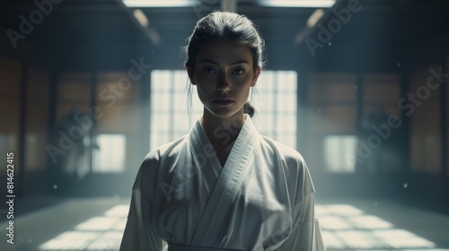 Generative AI The ambiance of a girl gracefully executing kata in a kimono within the dojo's tranquil environment.