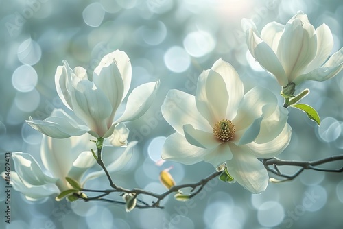 Magnolia Tree in Bloom: Large white flowers against glossy green leaves. 